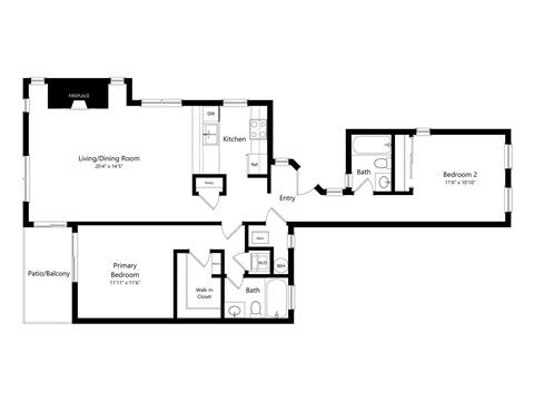 Floor plan for 2 beds, 2 baths, 1090 sqft